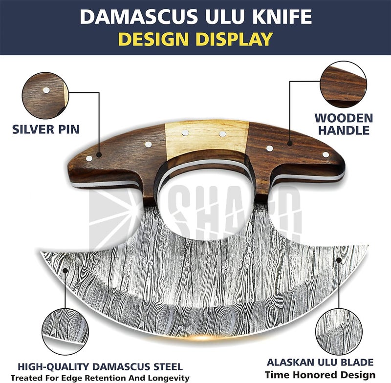 SHARDBLADE Alaskan Ulu Knife with Sheath, Handmade Forged 6" Damascus Steel Pizza Cutter Rocker Knife with Non-Slip Wooden Handle, Premium Food Salad Chopper Knife, Traditional Inuit Eskimo Ulu Copper - Image 3